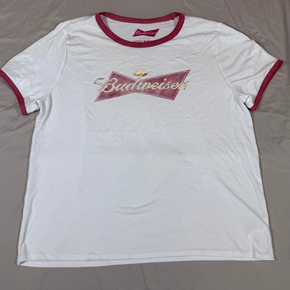 Lucky Brand Budweiser Ringer Tee XL White Red Graphic T-Shirt Gold Foil Bowtie